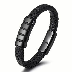 Mens Braided Leather Bracelet- black